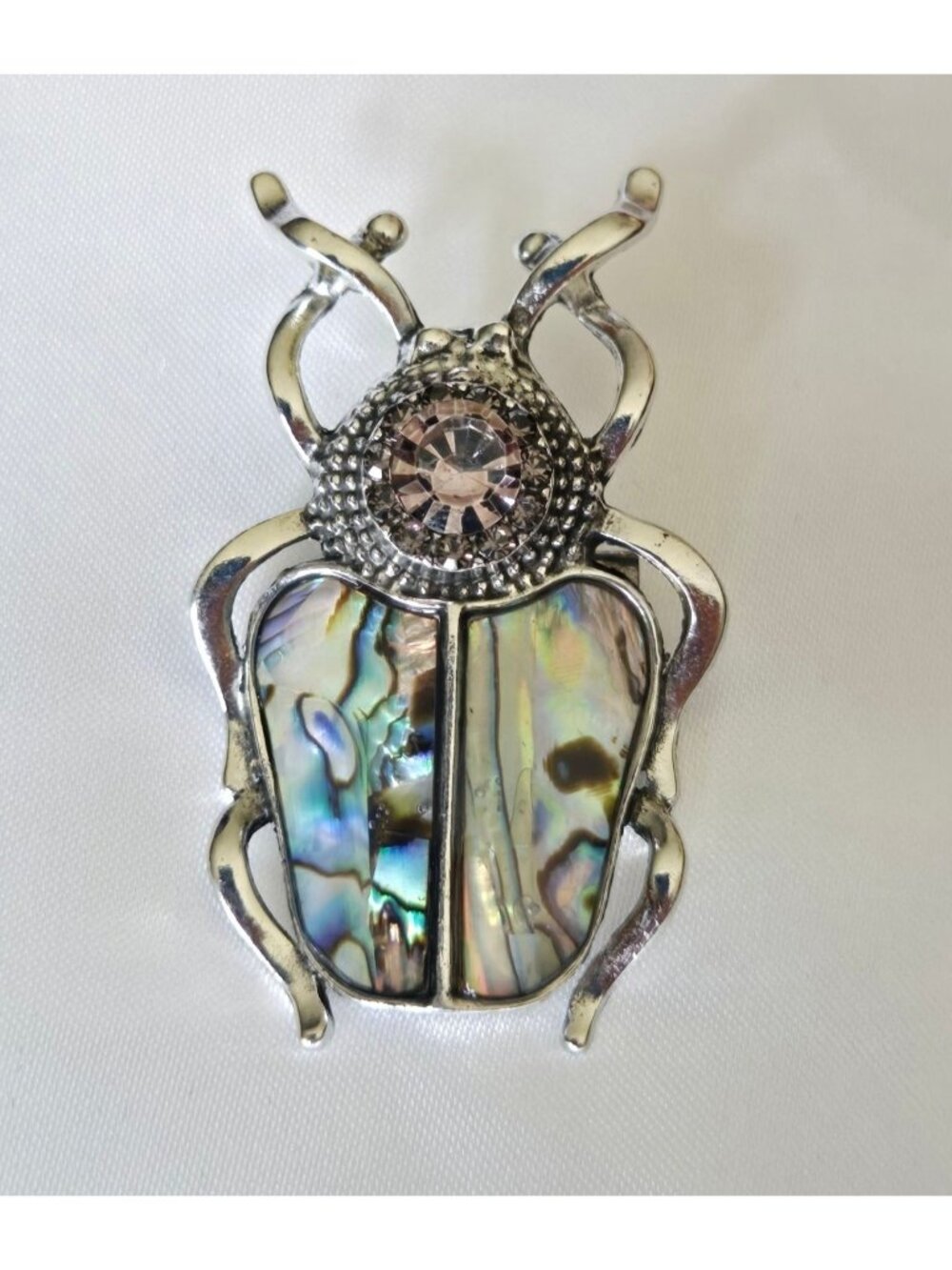 Silver Tone Beetle Brooch With Pink Rhinestone & Inlay Nature-Inspired Jewelry
